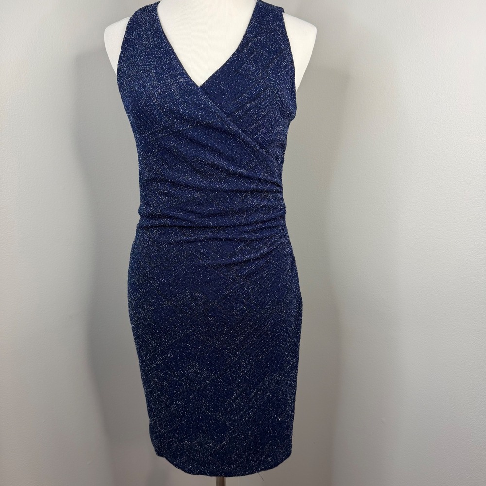 Trixxi Navy Blue Shimmer Metallic Ruched Surplice V-Neck Bodycon Dress Large